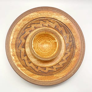 Vintage signed studio pottery platter and attached dip bowl