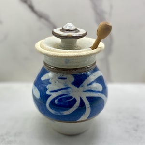 Vintage Studio Pottery Honey Pot with Dipper: Gray-Blue Glaze