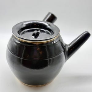 May include: A black ceramic teapot with a lid and two spouts. The teapot has a rounded body with horizontal grooves and a shiny, glazed finish. The lid has a small handle, and the spouts are angled.
