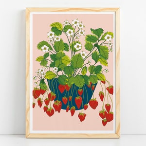 Strawberry Growing Pot With Blossom Flowers - Art Print / Wall Art / Poster /A5/A4/A3/A2/A1