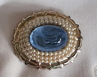 Coro Pegasus Aquamarine Art Glass Brooch- EXC. 1940's Vintage Victorian Revival!