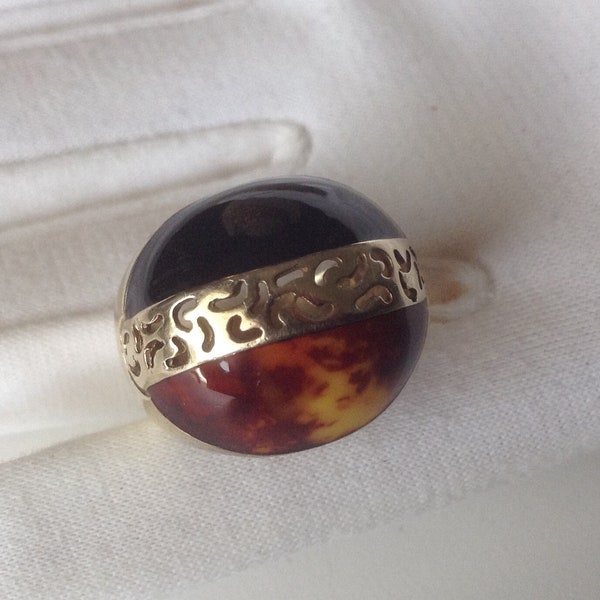 925 Italy Domed Filigree Enamel/Lucite Ring - Filli Menegatti? - Gilded Mod Vintage Size 7 - 7 1/4