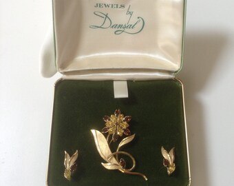 Star Art Flower Demi - Vintage 1960's Brooch and Earrings in Original Box - Golden Rhinestones!