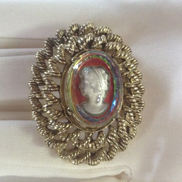 Gerry's Beautiful 3-D Iridescent Glass Cameo - True Vintage Reverse Molded Brooch