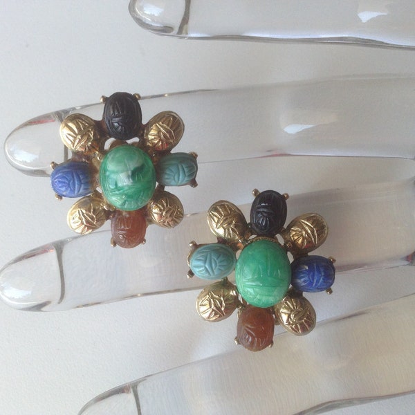 Coro Egyptian Scarab Clip Earrings - Colorful Vintage 1960's Etched Art Glass!