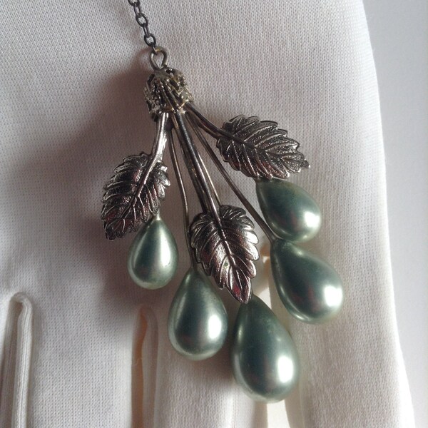 Edwardian Lavalier Y Necklace - True Vintage Antique BlueGreen Glass Pearl Drops with Leaf Motif