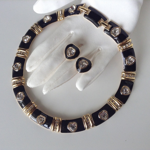 Magnificent MONET Demi-Parure - 80's Vintage Collar Necklace, Pierced Earrings - Black Enamel & Heart Rhinestones