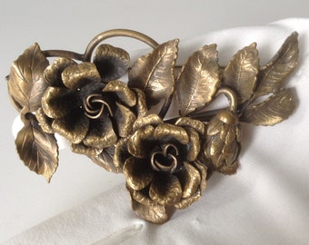 Art Nouveau Flowering Brass Brooch - Big Artisanal Roses - True Antique/Vintage!