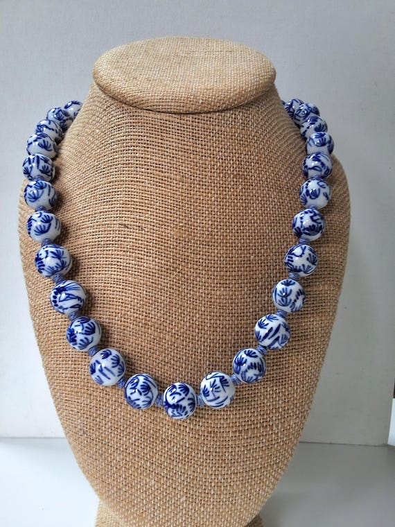 Asian Blue & White Glazed Pottery Bead Necklace- Vintage Hand Knotted!