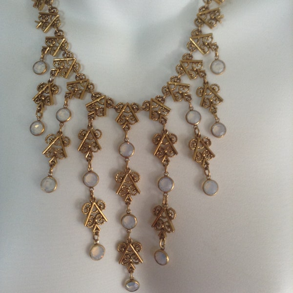 GOLDETTE Beveled Opaque Crystal Bib Necklace - Drippy 70's Vintage for Prom, Bridal!