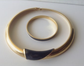 MONET Collar Necklace and Bracelet - Navy Blue Enamel and Gleaming Goldtone - True Vintage 1980's!