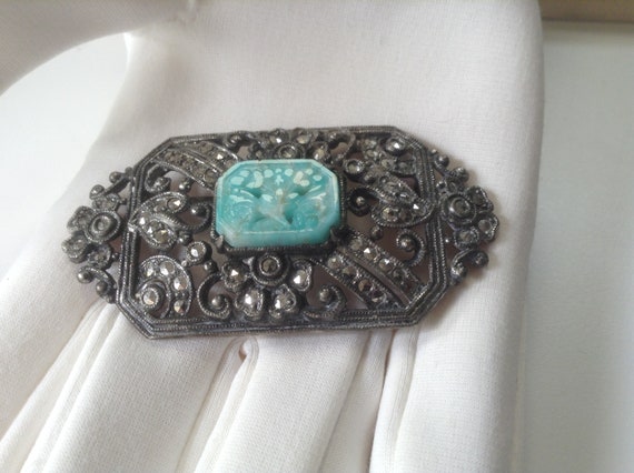 Peking Glass Marcasite Brooch - Green Marbled Mol… - image 2