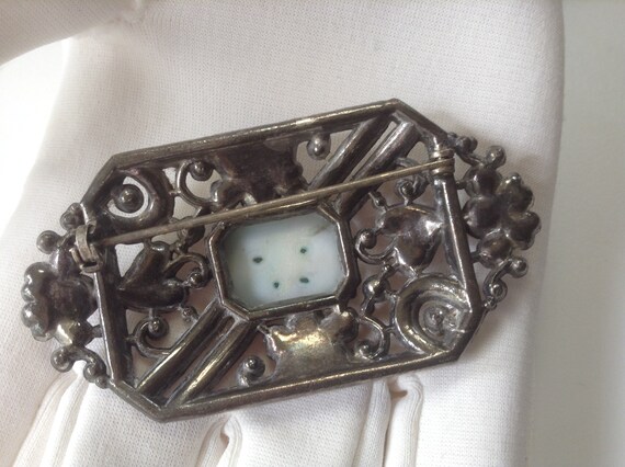 Peking Glass Marcasite Brooch - Green Marbled Mol… - image 3