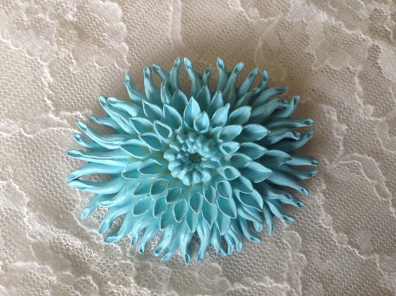 Turquoise Celluloid Chrysanthemum Flower Brooch -… - image 1