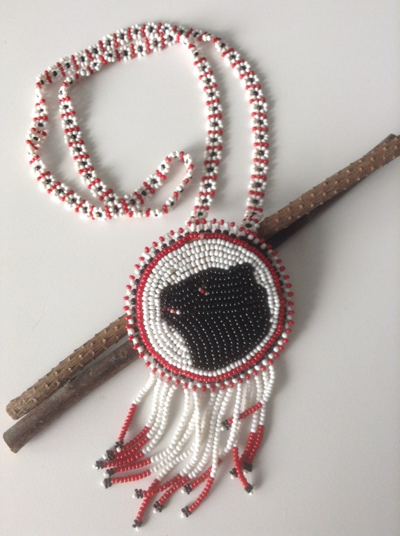 Native American Black Bear Beadwork Pendant Medall