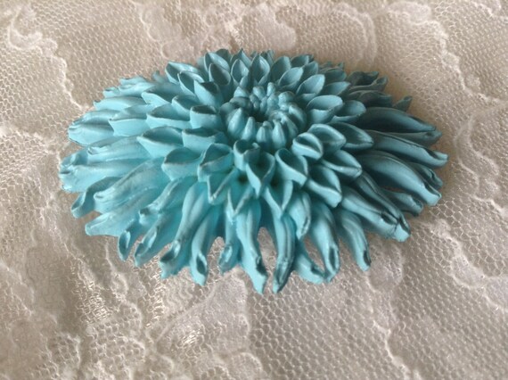 Turquoise Celluloid Chrysanthemum Flower Brooch -… - image 5