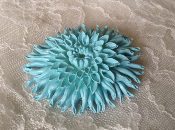 Turquoise Celluloid Chrysanthemum Flower Brooch -… - image 3