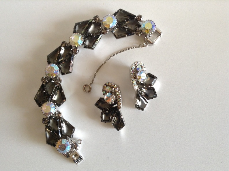 Vintage Juliana D /& E BIG Headlight AB Rhinestones Bracelet Smoky Kite Stone Demi Earrings!