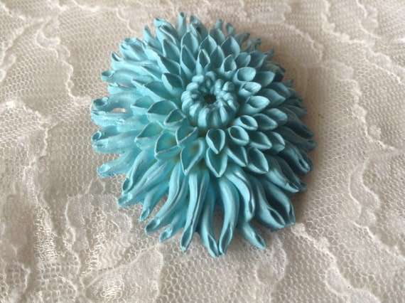 Turquoise Celluloid Chrysanthemum Flower Brooch -… - image 6