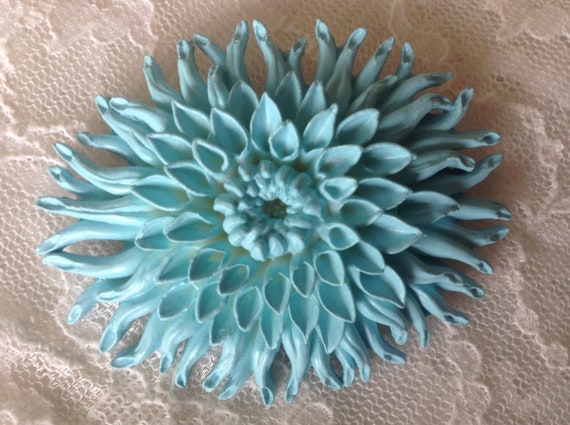 Turquoise Celluloid Chrysanthemum Flower Brooch -… - image 2