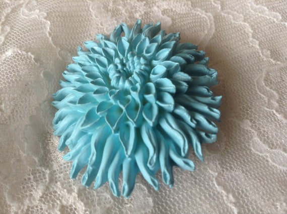 Turquoise Celluloid Chrysanthemum Flower Brooch -… - image 4