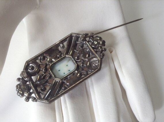 Peking Glass Marcasite Brooch - Green Marbled Mol… - image 4