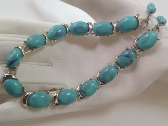 Vintage 60's CORO Marble Turquoise Thermoset Oval… - image 1