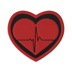 May include: Red heart-shaped patch with a black outline and a black EKG line inside.