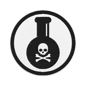 May include: Black and white round patch with a white circle in the center. The circle contains a black flask with a skull and crossbones inside.