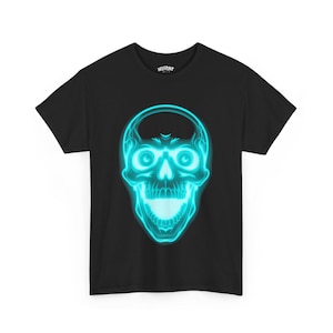 May include: Black t-shirt with a neon blue skull graphic. The skull is smiling with its mouth open and has large, round eyes.