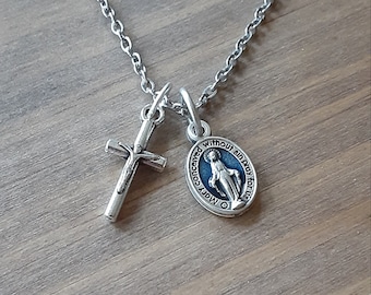 Dainty Crucifix Necklace: Blue Miraculous Medal, Stainless Steel Chain