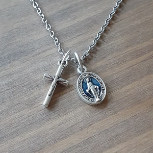 Tiny Women's Crucifix/Blue Miraculous Medal/Gift for Her/Catholic/Dainty/Everyday Jewelry/Daughter Birthday/Holy Communion/Teen Girl Gift