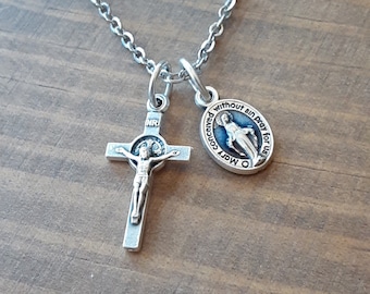 Women's Crucifix Necklace/Blue Miraculous Medal/Blessed Virgin Mary/Catholic Teen Gifts/Jesus on the Cross/Devotional/Believe in God