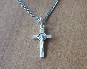 Saint Benedict Crucifix Necklace: Oxidized Silver, Stainless Steel Chain
