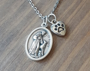 Saint Francis Necklace: Stainless Steel Paw Print Charm, Dog Lover Gift