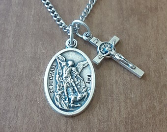 Saint Michael Necklace/Saint Benedict Crucifix/Protection Necklace/Patron Saint Military/Soldiers/Paramedics/Police Officers