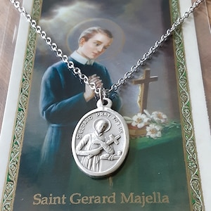 Saint Gerard Medal Necklace: Oxidized Silver, Stainless Steel Chain, Prayer Card