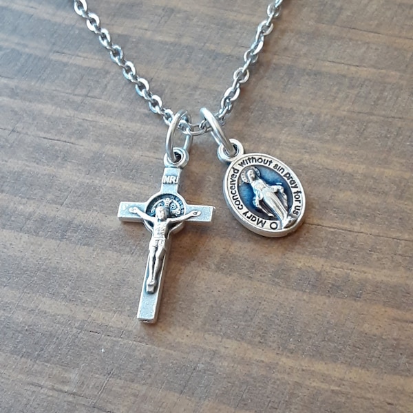 Crucifix Necklace: Blue Miraculous Medal, Stainless Steel Chain