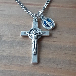 Men's Crucifix Necklace/Blue Enamel Miraculous Medal/Saint Benedict Crucifix/Gifts for Catholics/Catholic Men's Necklace/Confirmation Gift