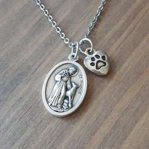 Saint Francis Necklace: Stainless Steel Paw Print Charm, Dog Lover Gift