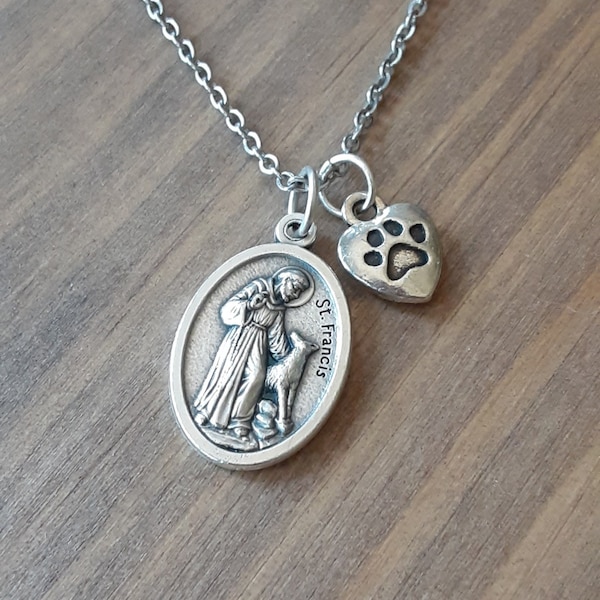 Saint Francis Necklace/Dog Mom Gift/Patron Saint of Animals/Paw Print Charm/St. Francis of Assisi/Dog Lover Gifts/Rescue Dog/Animal Lover