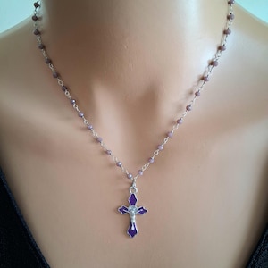 Purple Crucifix Rosary Necklace/Light Purple Gemstone Necklace/Confirmation Gift