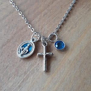 Women Teen Girls Dainty Crucifix/Blue Miraculous Medal/Catholic Birthstone Necklace