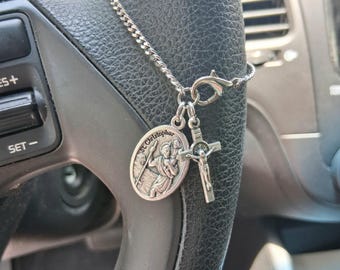 Saint Christopher Steering Wheel Charm: Travel Protection, Saint Benedict Crucifix