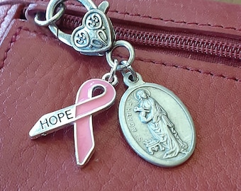 Dije para carrete de insignia de medalla de Santa Águeda, lazo rosa ESPERANZA, regalo contra el cáncer de mama