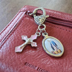Blessed Virgin Mary Photo Cabochon: Pink Enamel Crucifix, Heart Shaped Lobster Clasp