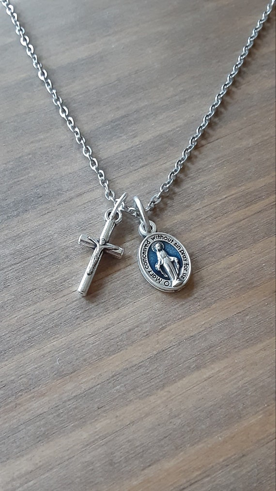 Dainty Crucifix Necklace: Blue Miraculous Medal, Stainless Steel Chain