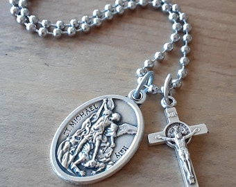 Saint Michael & Benedict Oxidized Silver Necklace: Patron Protection