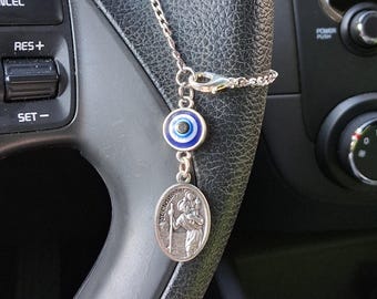Saint Christopher Auto Charm: Blue Evil Eye, Travel Protection Gift