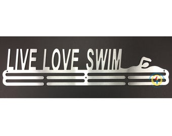 Superior Medal Hangers - Live Love Swim- Sports Medal Hanger Display Holder (Stainless Steel Finish)